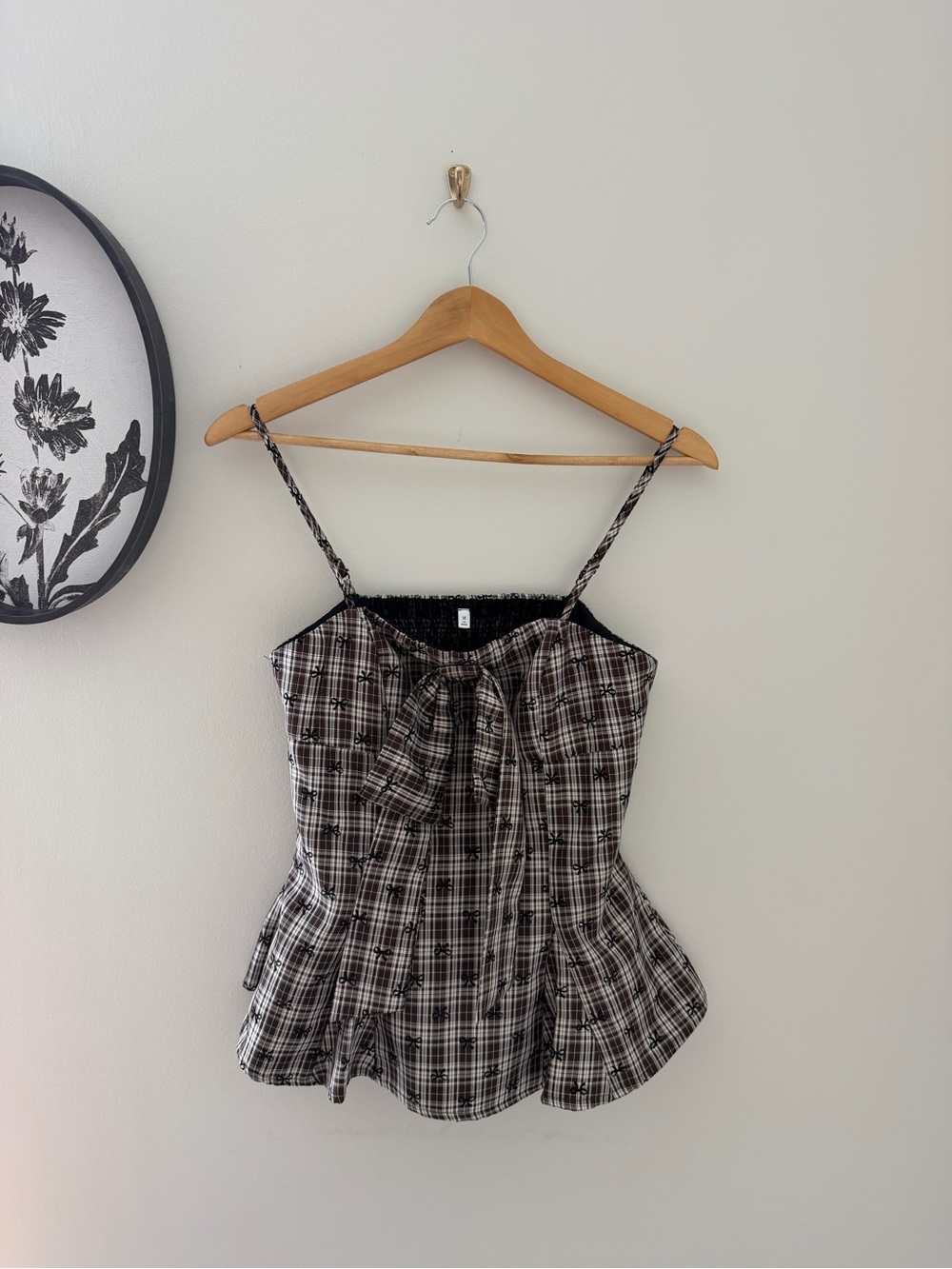 Plaid Tie-Front Spaghetti Strap Top - Black & White